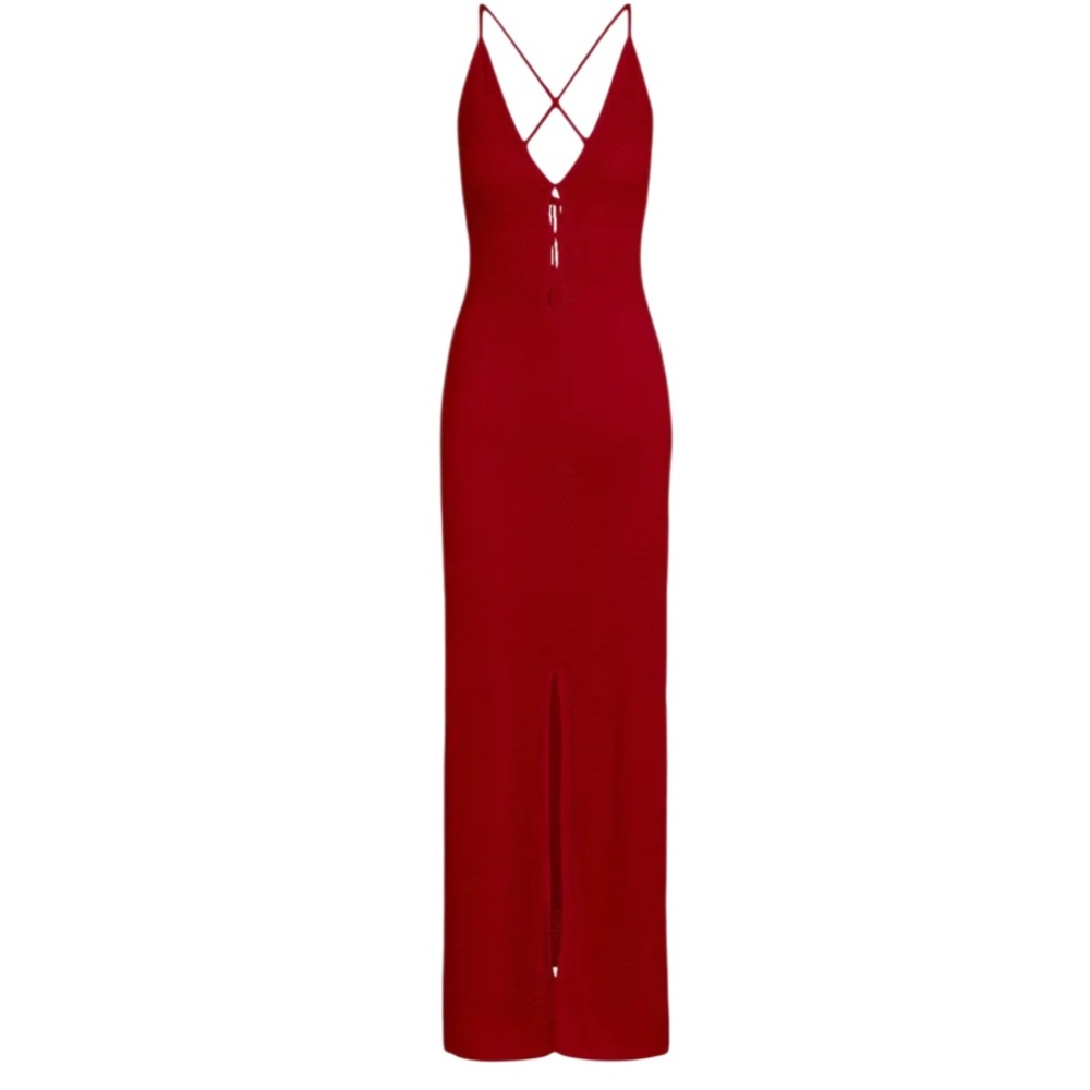 NEW Stunning CB Cutout Red Knit High-Leg Slit Backless V-Neck Maxi Cover Dress